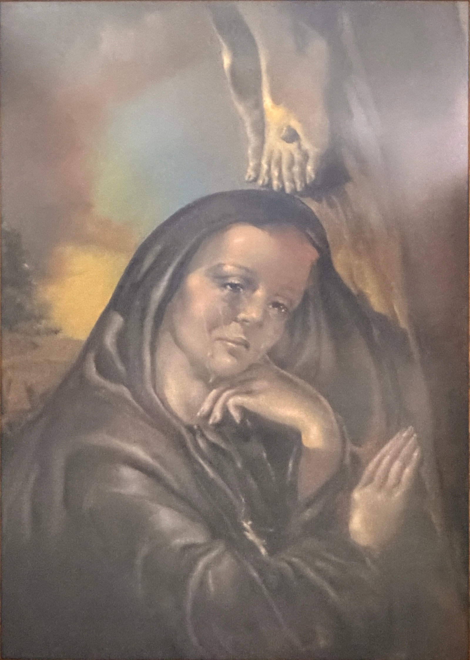 Signed Dry Pastel Religious Portrait Artwork 46": Signed dry pastel depicting a sorrowful veiled woman in a devotional pose beneath a skull, a traditional religious memento mori motif. Executed in soft monochromatic tones and presented in an ornate