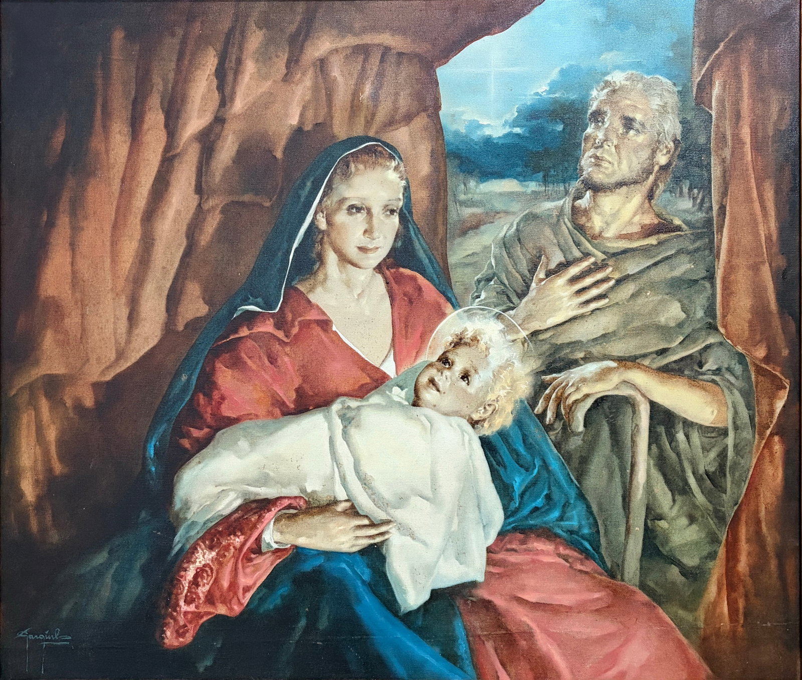 Religious Holy Family Oil Painting by Garguilo: Religious oil painting by Garguilo depicting the Holy Family with the Christ Child, the Virgin Mary, and Saint Joseph in a traditional devotional composition. Signed lower left. Presented in an ornate