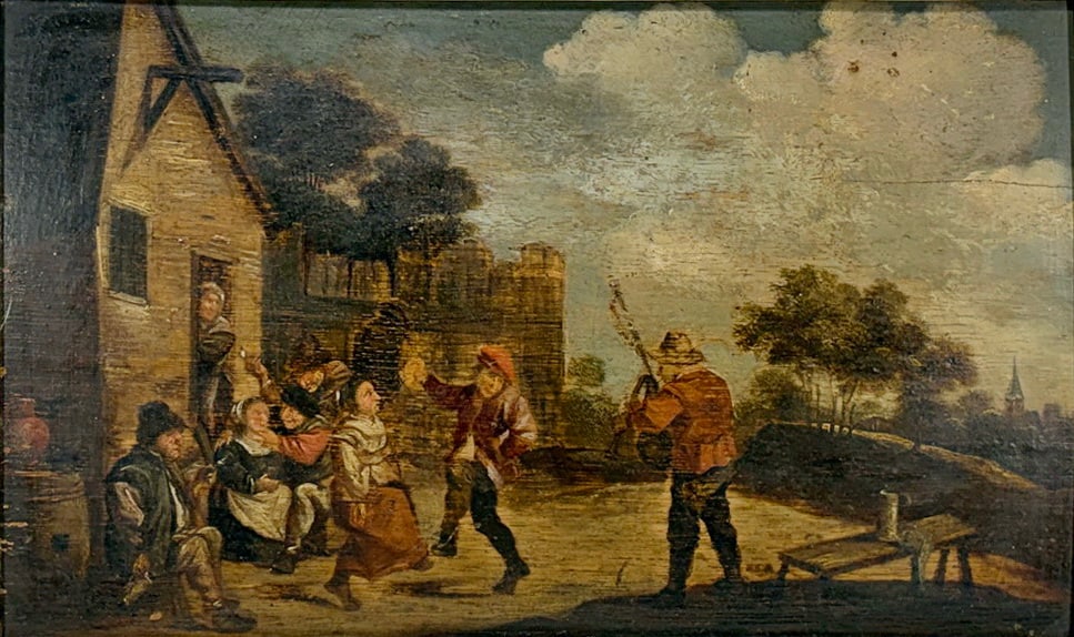 18th C. Dutch School Village Scene Oil on Panel: Probably 18th century Dutch School oil on wood panel depicting a lively village scene with figures gathered outside a cottage and musicians in the foreground. Presented in a carved giltwood frame. Uns