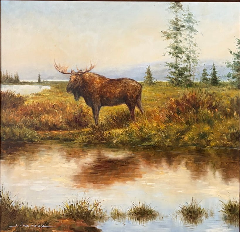 Signed Moose Landscape Oil Painting on Canvas: Signed oil painting on canvas depicting a majestic moose standing beside a reflective marsh in a tranquil woodland landscape. The composition features warm autumnal tones, evergreen trees, and a dista