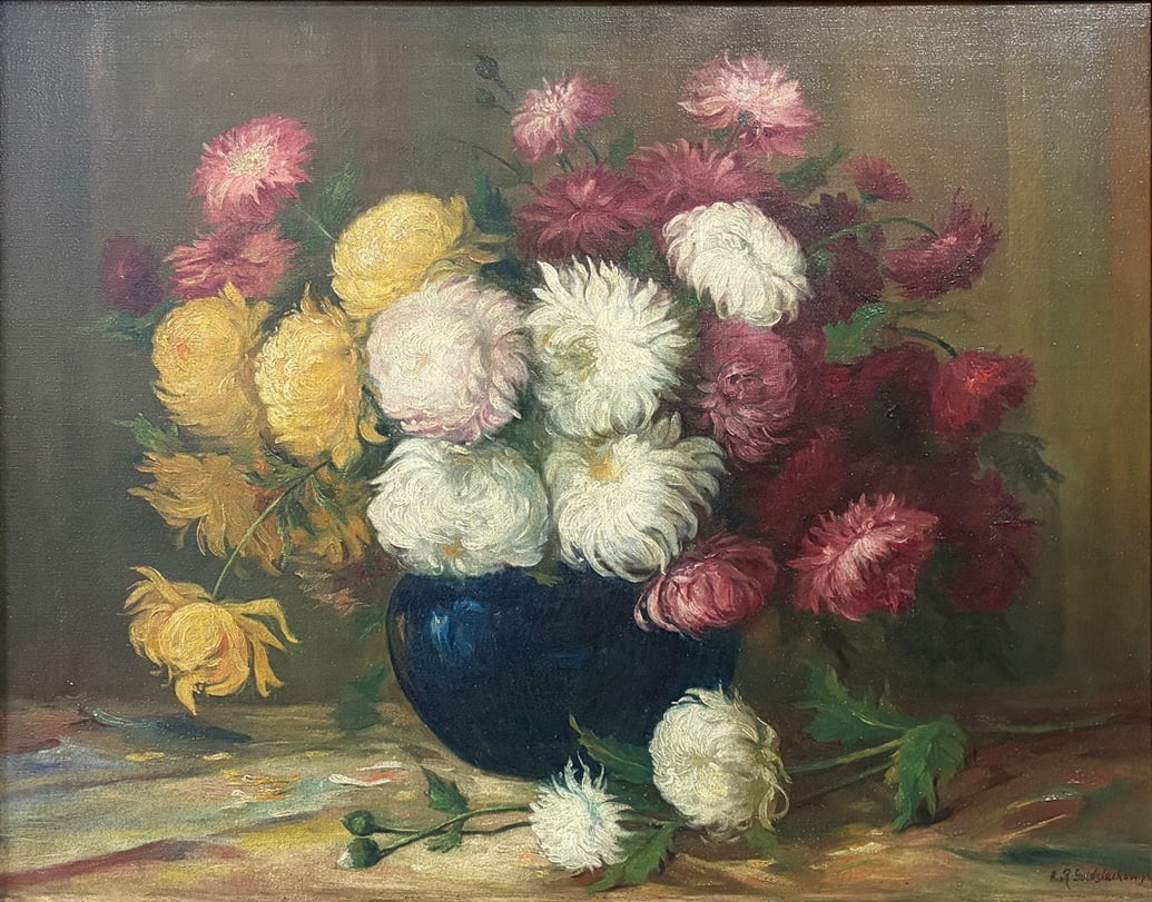 Signed Floral Still Life Oil Painting on Canvas: Signed oil painting on canvas depicting a lush still life of chrysanthemums in shades of white, yellow, pink, and burgundy arranged in a dark blue bowl atop a tabletop. Signed lower right R. Goldsackw
