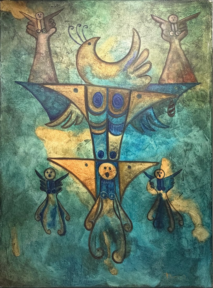 Florangel 'Hibry Ony' Surrealist Oil Painting: Large oil painting on canvas depicting a surrealist composition of stylized bird and figural forms in vivid turquoise, blue, and gold tones. Executed with geometric symbolism and dreamlike imagery rem