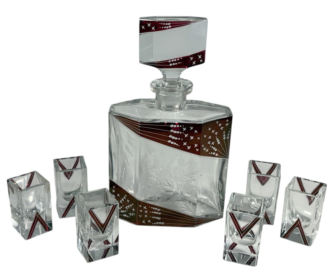 Bohemian Ruby Cut Crystal Liquor Decanter 7pc LOT (1 of 8)