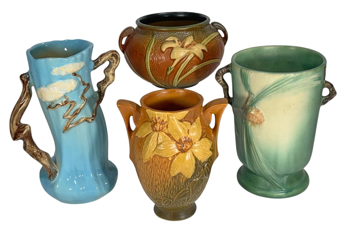 Roseville USA Art Pottery Floral Vases 4pc LOT (1 of 9)