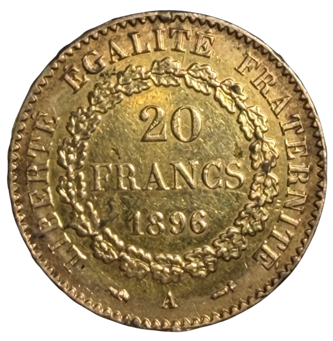 1896 French 20 Francs Lucky Angel Gold Coin: 1896 French 20 francs gold coin, widely known as the 'Lucky Angel'. It is set in a probably 18k gold pendant bezel. This classic coin is circulated and contains 0.1867 ounces, 6.45 grams plus the beze