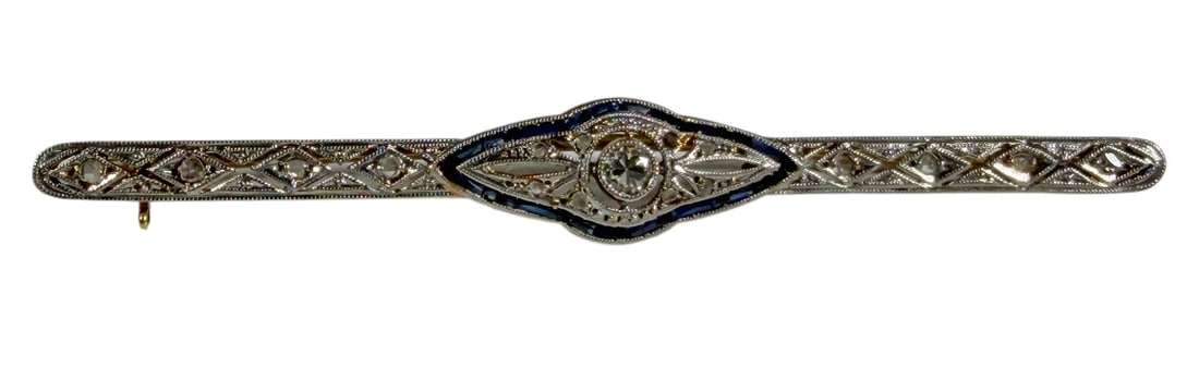 Art Deco 18k Yellow Gold Platinum Diamond Brooch: French Art Deco bar pin or brooch, arpund 1920, made in 18k yellow gold, top in platinum, old-cut diamonds & blue sapphires. Delicate pierced filigree work. Without hallmarks but tested. Meassure 2.25