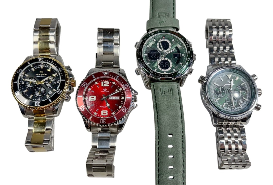 Naviforce & Fashion Quartz Watches 4pc LOT: Lot of four contemporary quartz wristwatches. Includes one Naviforce dual-display wristwatch with genuine leather strap, one Naviforce-style chronograph wristwatch with stainless steel bracelet, one r