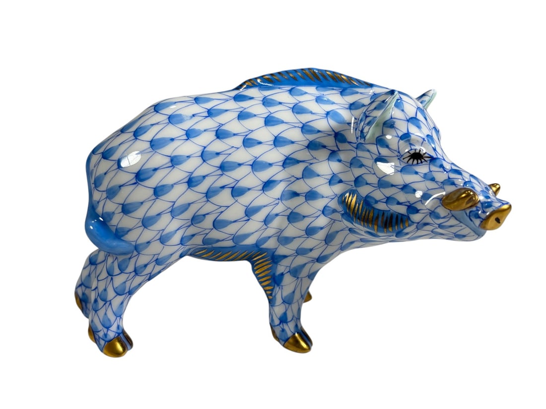 Herend Blue Fishnet Wild Boar Porcelain Figure (1 of 6)