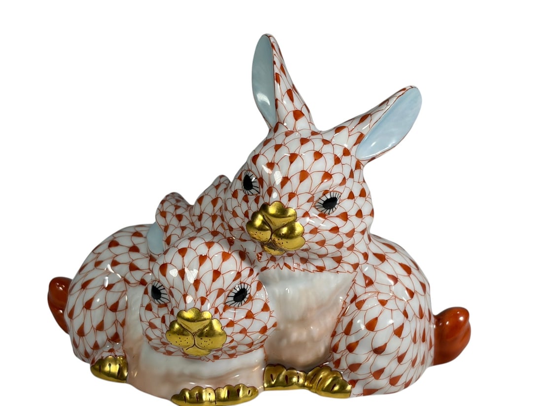 Herend Rust Fishnet Rabbit Pair Porcelain Figure (1 of 5)
