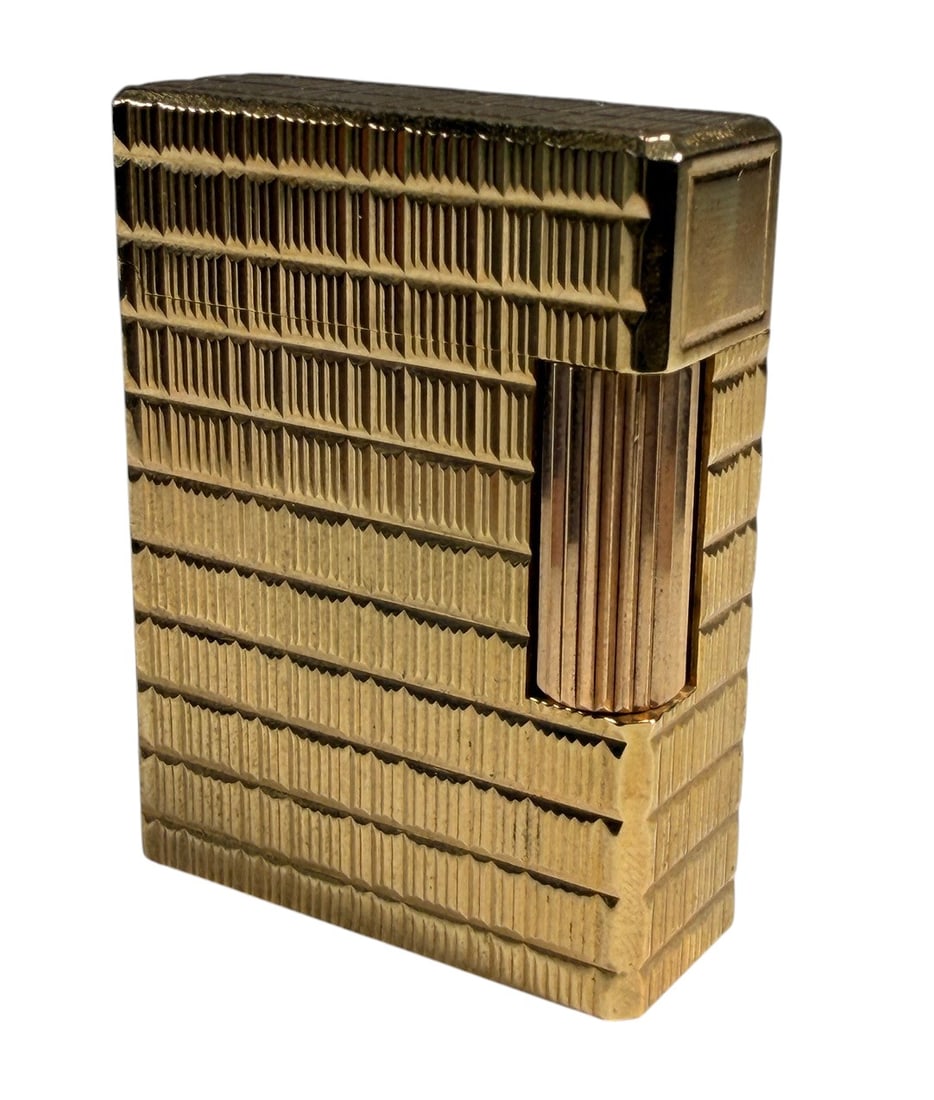S.T. Dupont Gold Plated Lighter w/ Box France: Vintage S.T. Dupont Ligne 1 gas lighter featuring a 20-micron gold-plated finish with an allover geometric textured pattern. Marked "S.T. Dupont de Paris, Made in France" on the underside with serial 