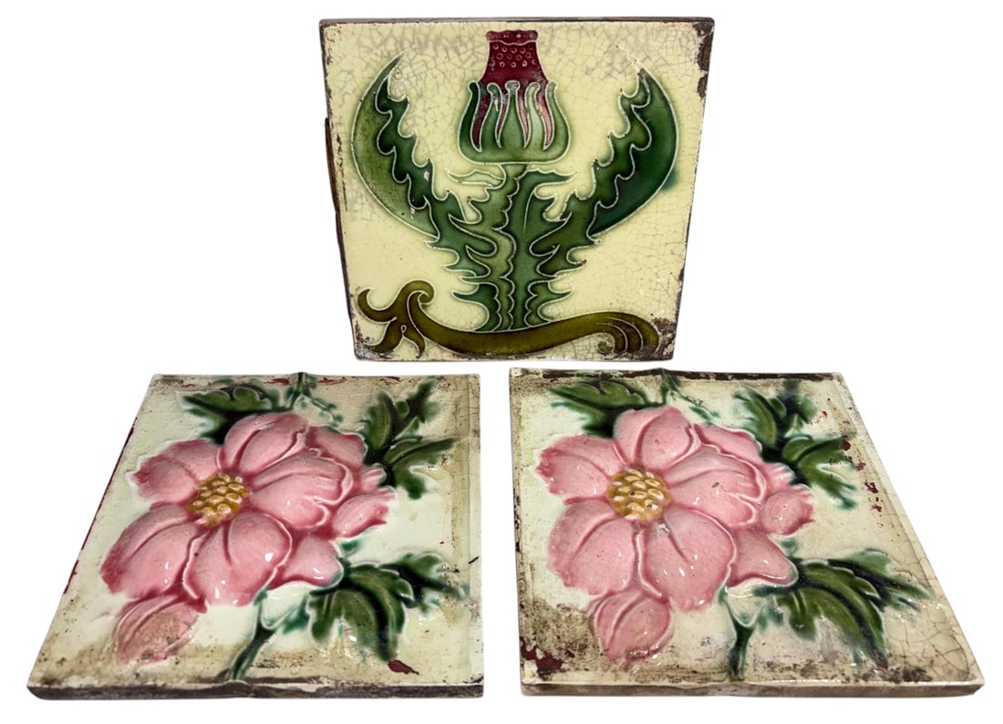 Japanese & Belgian Art Nouveau Tiles 3pc LOT (1 of 9)