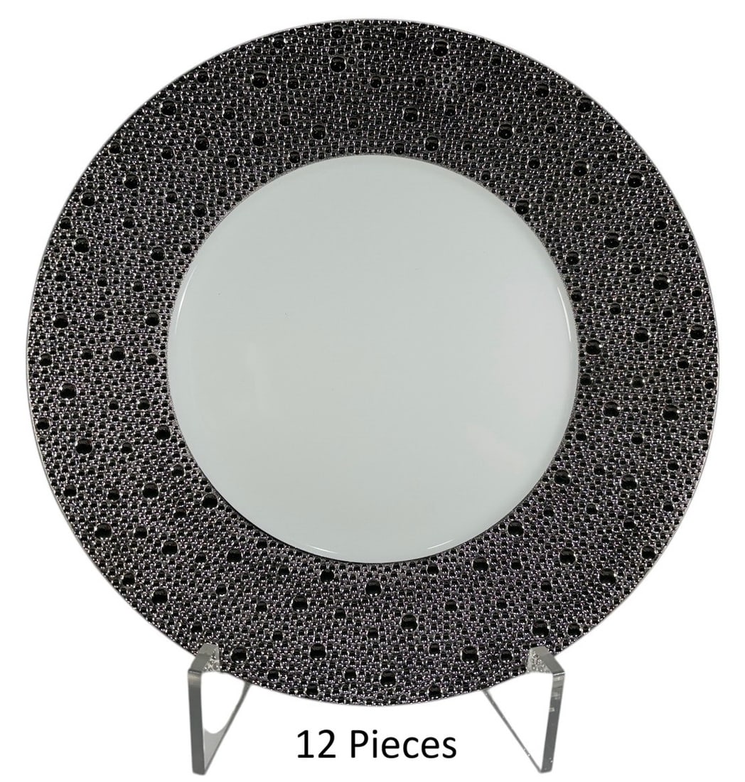 Bernardaud Ecume Platine Dinner Plates 12pc LOT: Bernardaud Limoges "Ecume Platine" porcelain dinner plate, France. Features a wide platinum border with a raised textured pattern inspired by sea foam surrounding a white center. Marked on the undersi