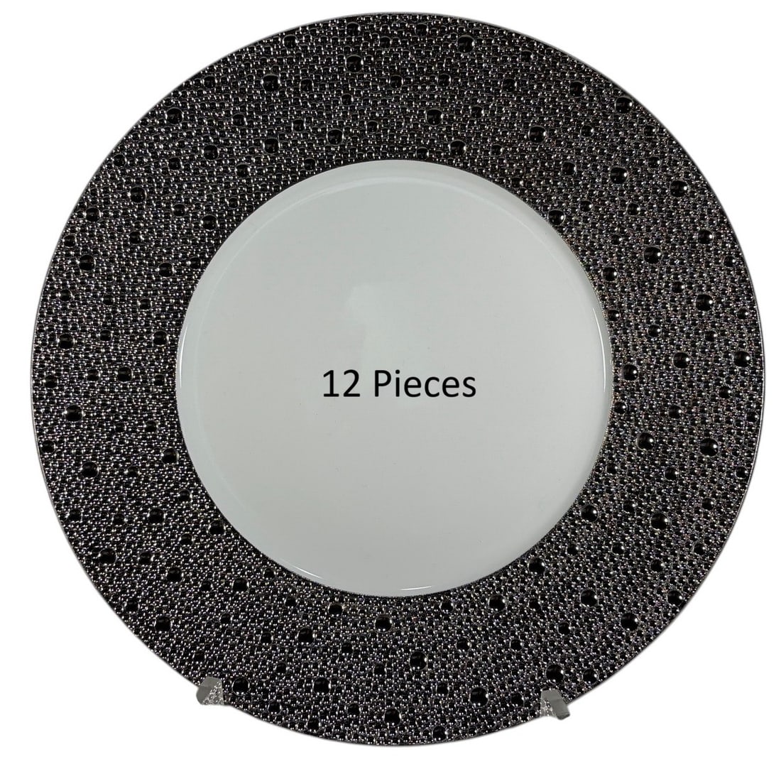 Bernardaud Ecume Platine Dinner Plates 12pc LOT: Bernardaud Limoges "Ecume Platine" porcelain dinner plate, France. Features a wide platinum border with a raised textured pattern inspired by sea foam surrounding a white center. Marked on the undersi