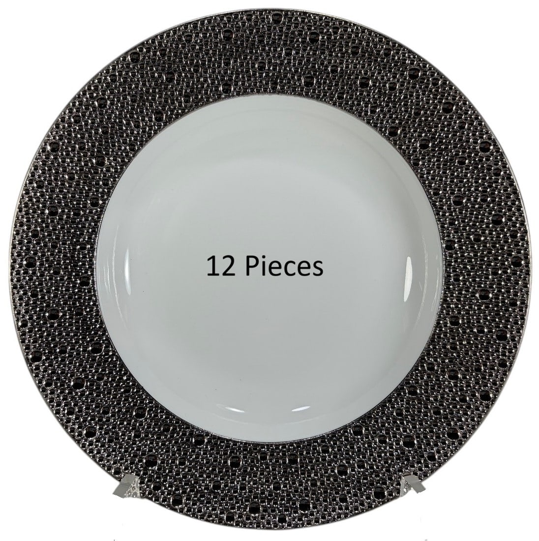 Bernardaud Ecume Platine Soup Plates 12pc LOT: Lot of twelve Bernardaud Limoges "Ecume Platine" porcelain rim soup plates, France. Each plate features a wide platinum border with a raised textured pattern inspired by sea foam surrounding a white r