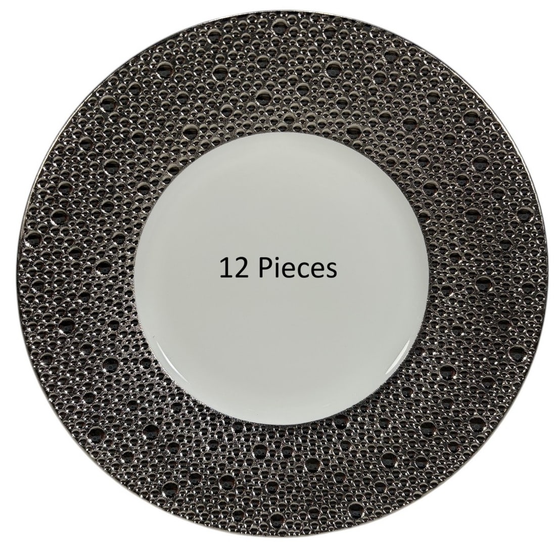 Bernardaud Ecume Platine 6.5" Plates 12pc LOT: Lot of twelve Bernardaud Limoges "Ecume Platine" porcelain plates, France. Each plate features a wide platinum border with a raised textured pattern inspired by sea foam surrounding a white center. Ma