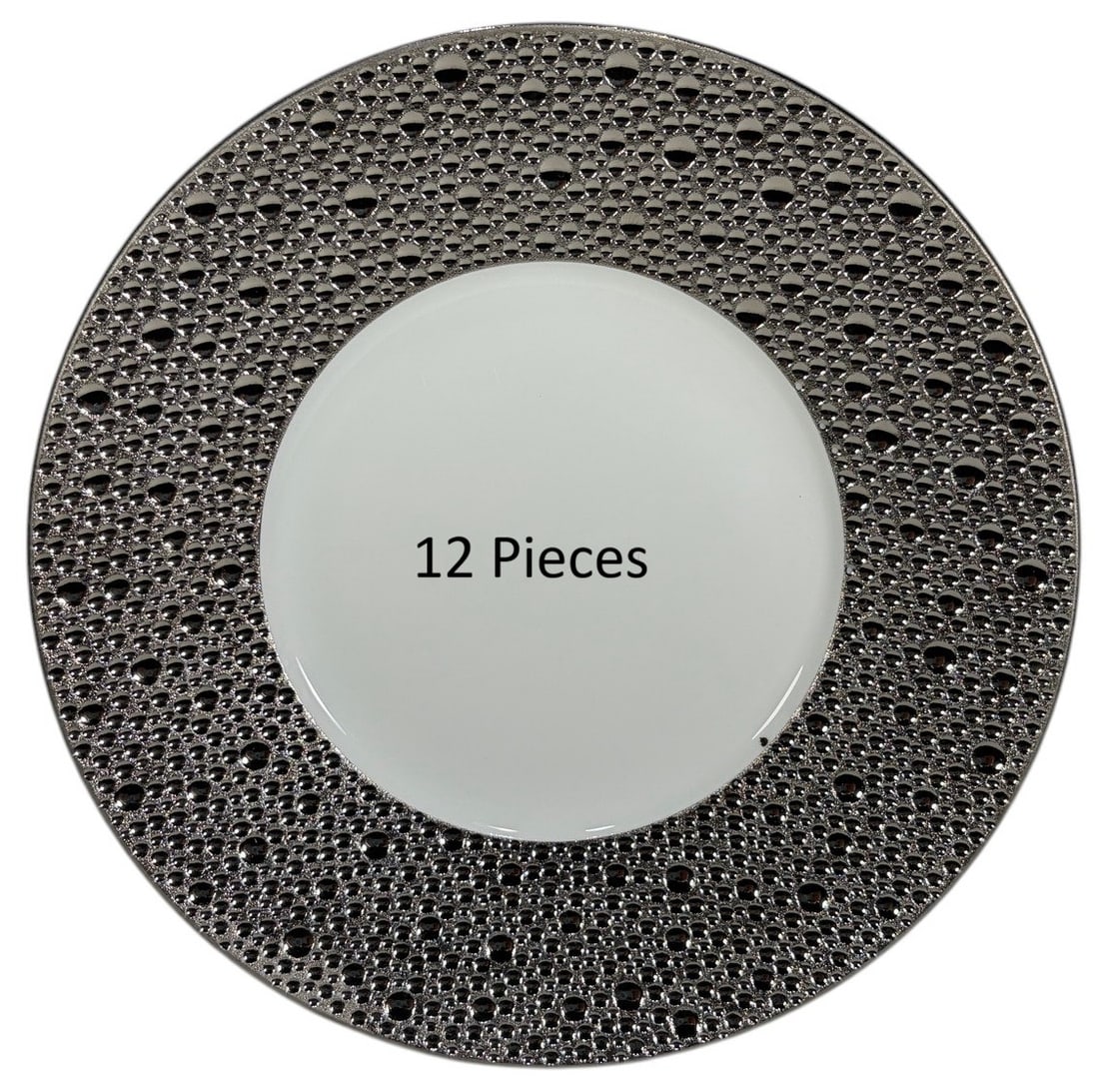 Bernardaud Ecume Platine 6.5" Plates 12pc LOT: Lot of twelve Bernardaud Limoges "Ecume Platine" porcelain plates, France. Each plate features a wide platinum border with a raised textured pattern inspired by sea foam surrounding a white center. Ma