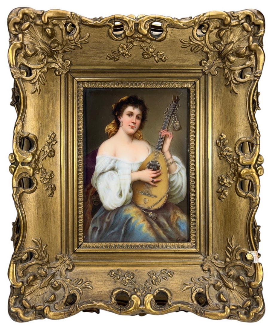 German Hand Painted Porcelain Plaque Lady Lute: German hand-painted porcelain plaque depicting a young lady holding a lute, executed in the academic style with finely detailed facial features and soft coloration. The plaque is signed illegibly in t