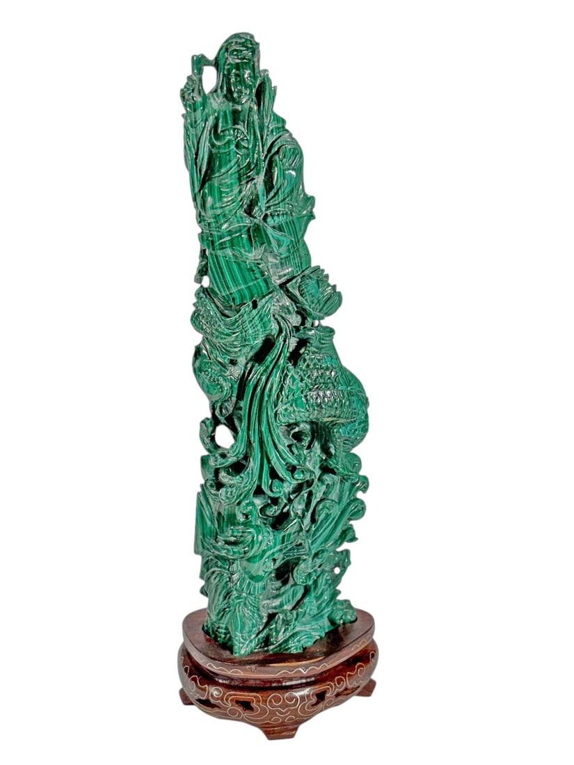 Chinese Carved Malachite Guanyin Figure on Stand (1 of 5)