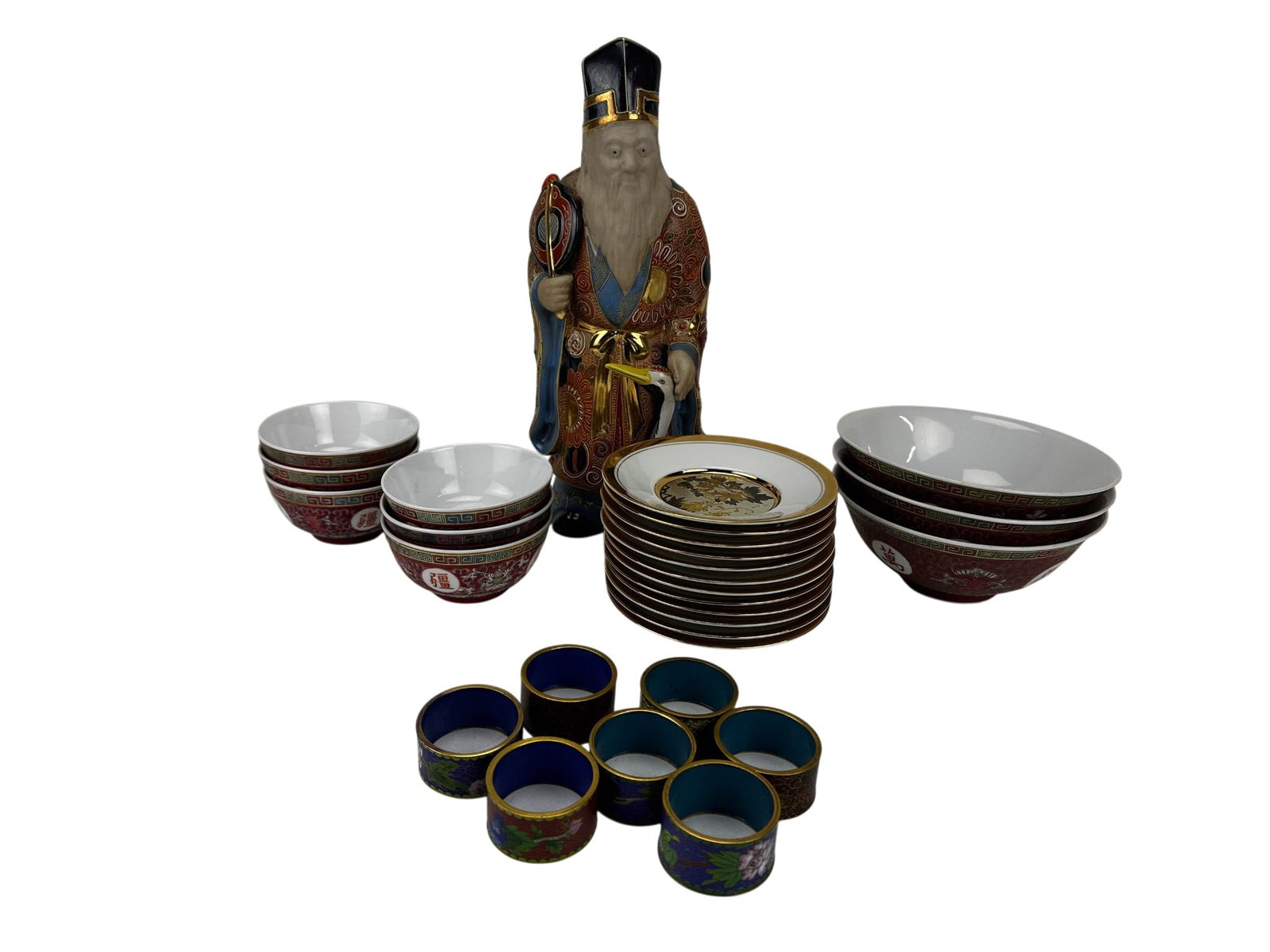 Chinese & Japanese Porcelain Cloisonne ESTATE LOT: Collection of Asian decorative articles comprising twelve Hamilton Collection Japanese Floral Calendar Chokin porcelain plates with gilt borders and pictorial centers, six Chinese export porcelain ric