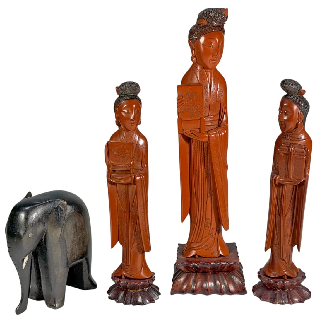 Chinese Lady Figures & Carved Elephant 4pc LOT (1 of 8)