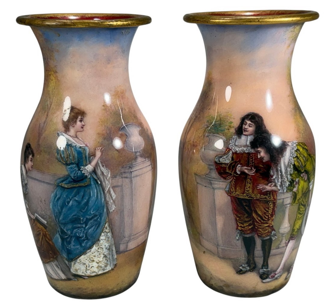 Pair of French Hand Painted Enameled Copper Vases: Pair of French enameled copper cabinet vases with finely hand-painted figural scenes depicting elegant figures in period attire set against softly rendered landscape backgrounds. Each vase features a 