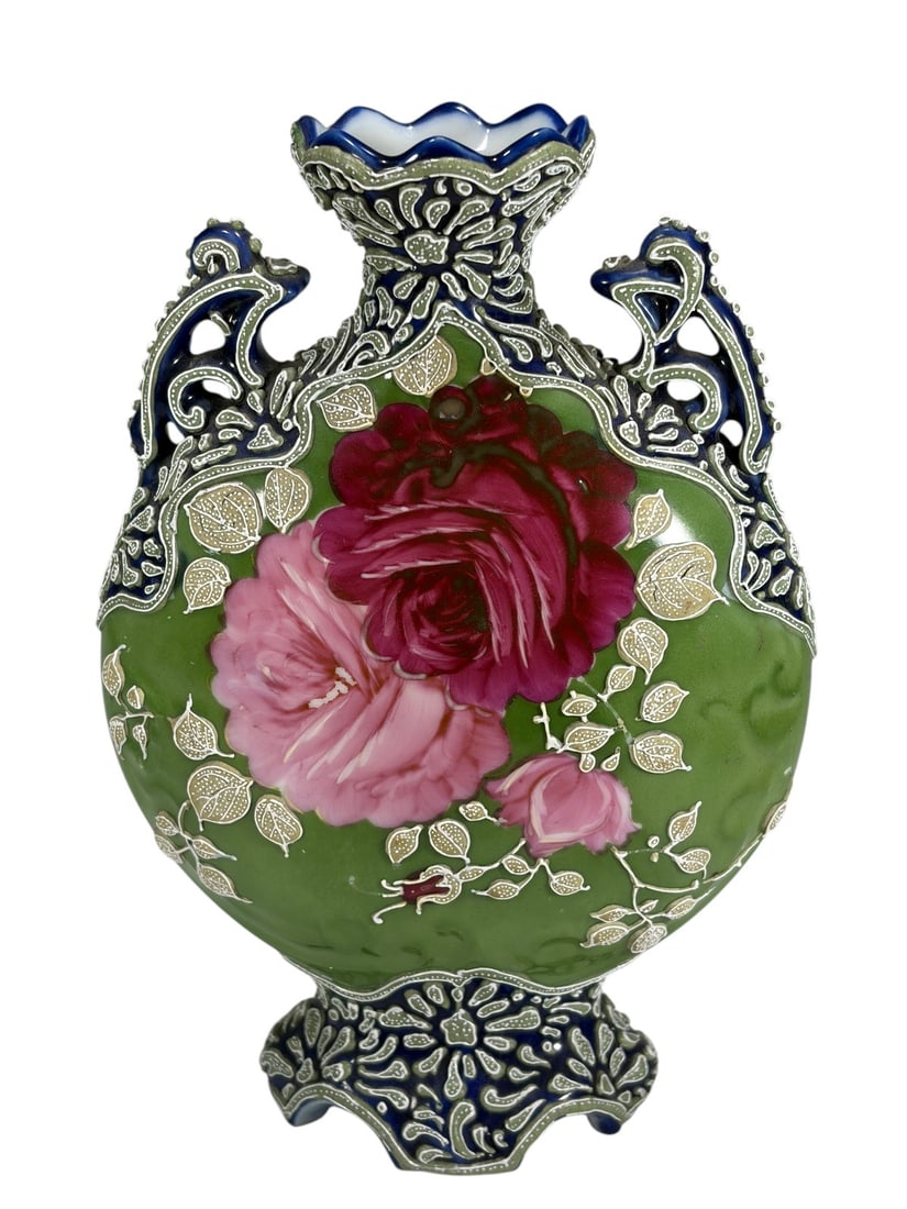 Old Nippon Style Moriage Rose Double Handle Vase (1 of 7)