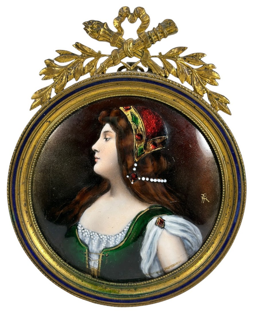 French Limoges Enamel Portrait Bronze Frame Round (1 of 6)