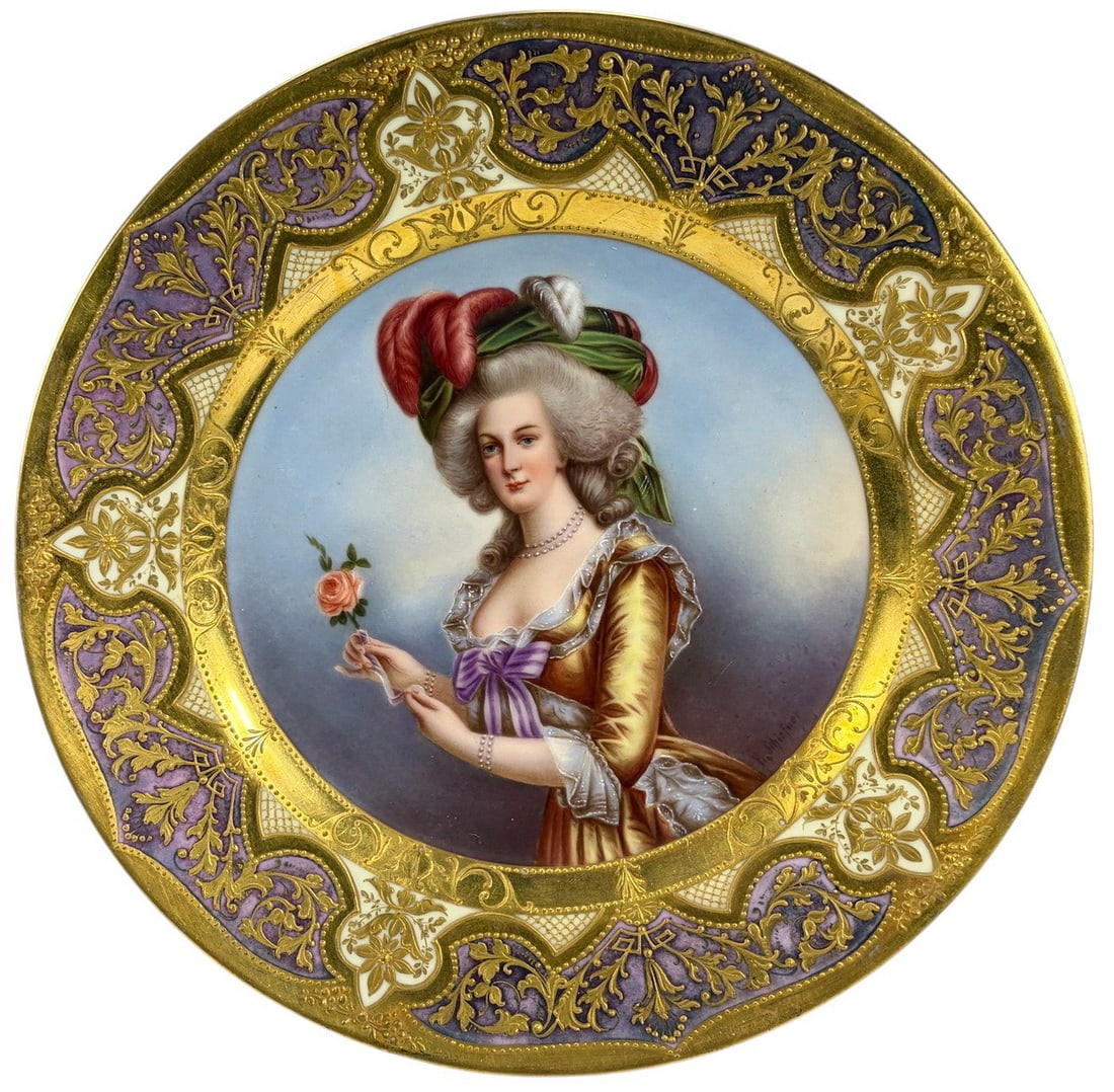 Dresden Marie Antoinette Portrait Cabinet Plate: German porcelain cabinet plate featuring a hand-painted portrait of Marie Antoinette, signed lower right F. Shiefner, within an elaborate gilt and lavender enameled border with raised decoration. The 