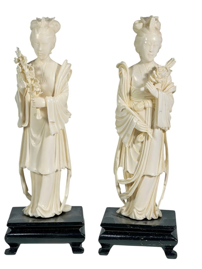 Asian Carved Figures on Wood Bases Figurines 2pcs (1 of 5)