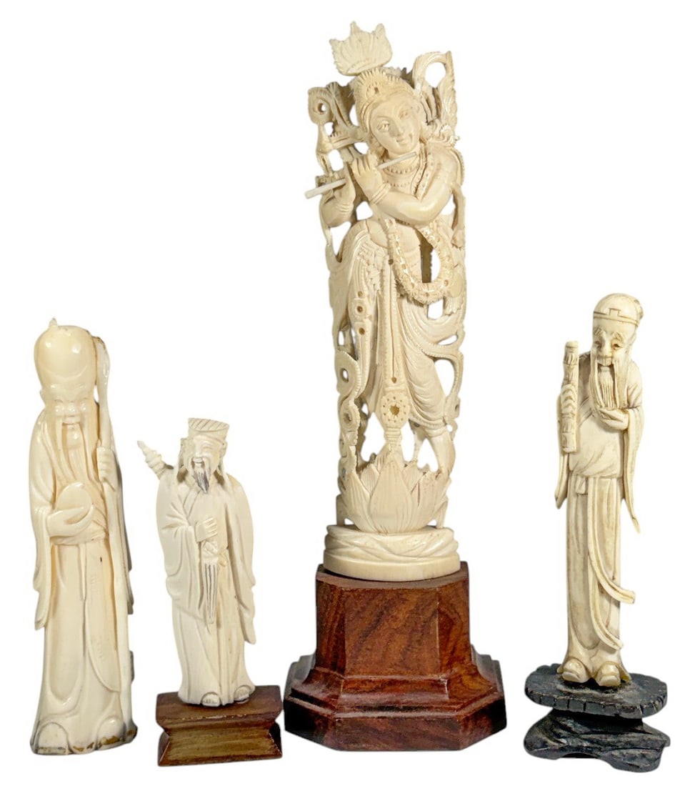 Asian Carved Figurines Mixed Sizes Sculptures 4pcs: Lot of four carved Asian figural sculptures in cream-colored carved material, including a pierced figure playing a flute mounted on a wood pedestal, and three standing elderly male figures depicted in