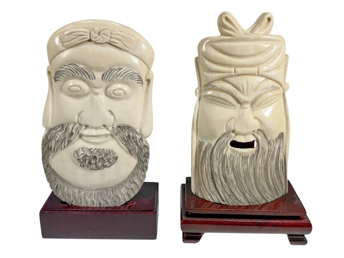 Chinese Carved Opera Masks on Stands 2pc LOT (1 of 4)