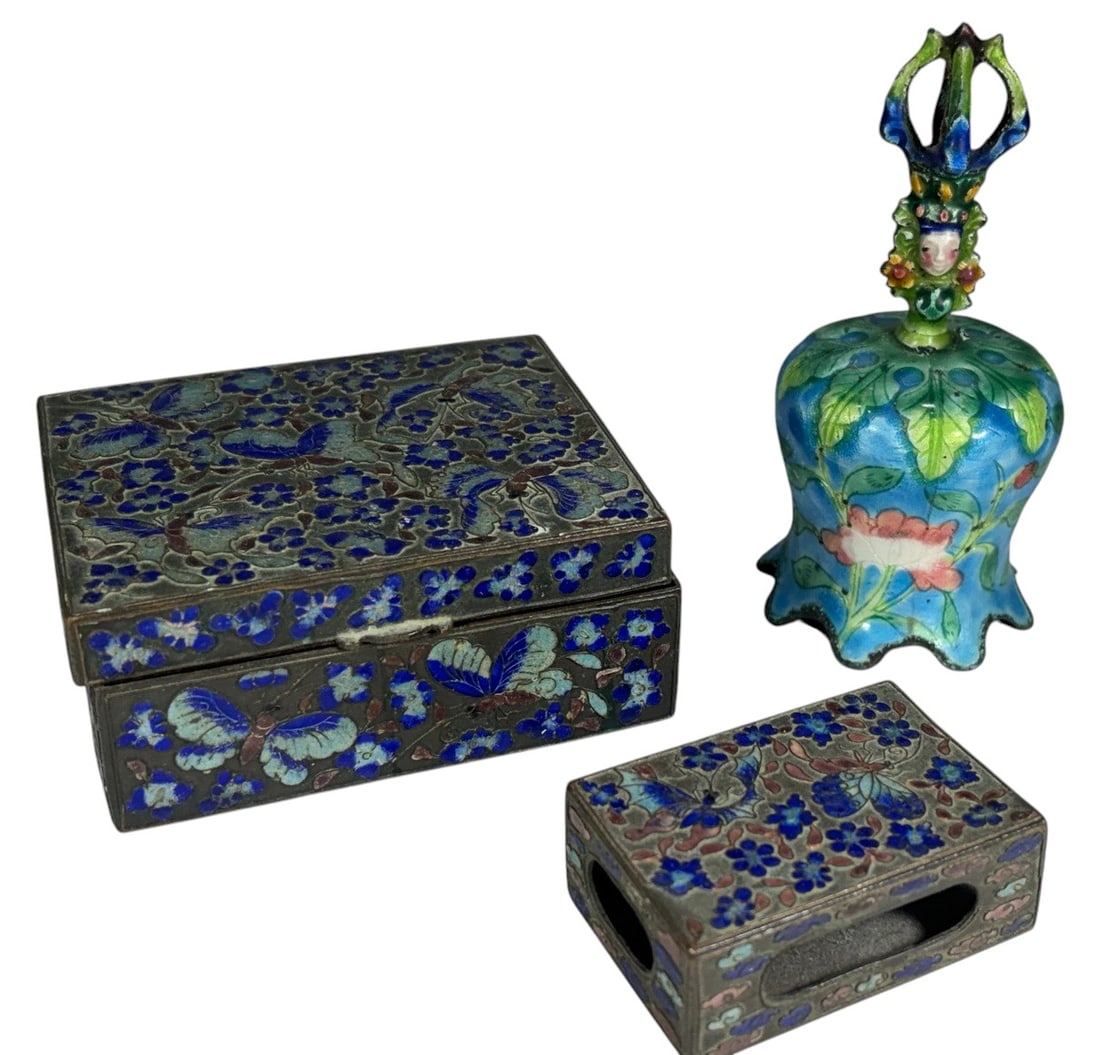 Chinese Cloisonne Bell & Boxes 3pc LOT (1 of 9)