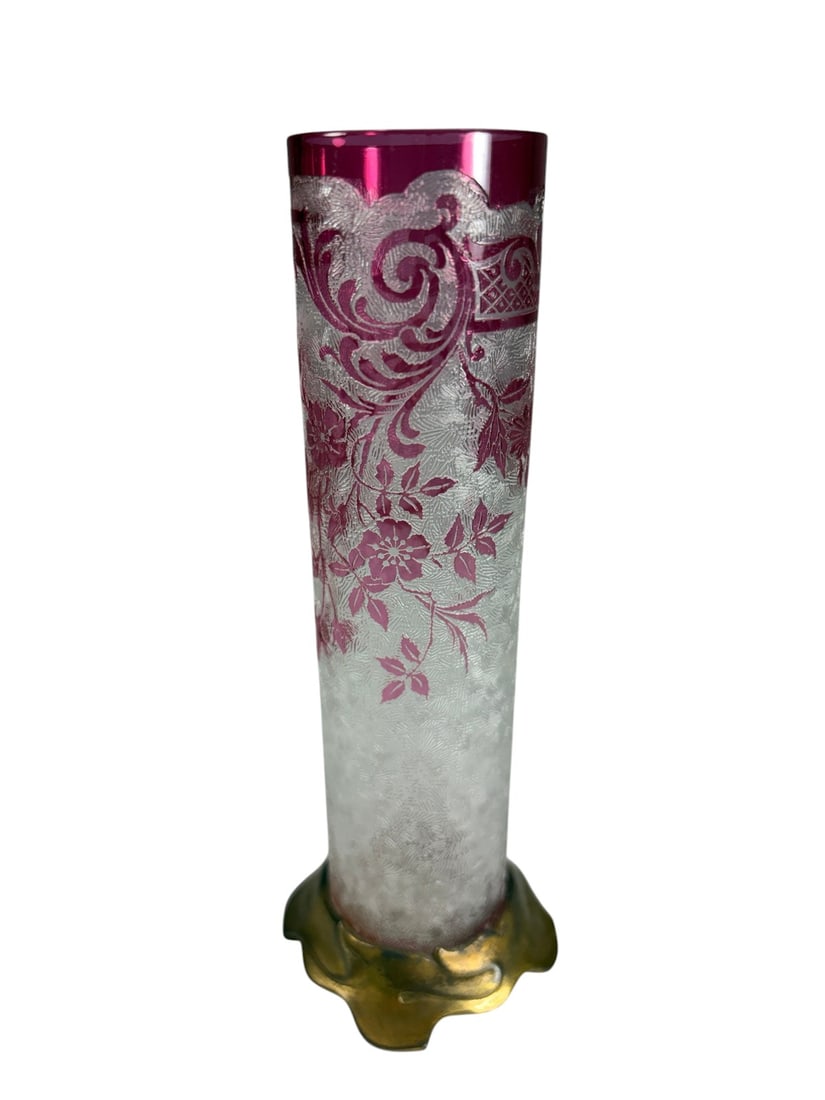 Art Nouveau Cranberry Glass Bud Vase Brass Base (1 of 5)
