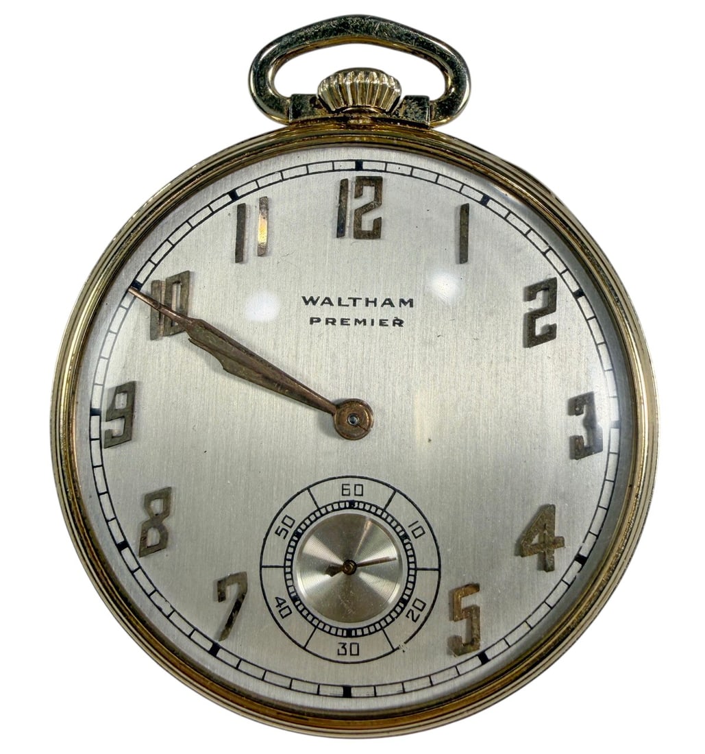 Waltham Premier 21J GF Pocket Watch Wadsworth: Vintage Waltham Premier pocket watch featuring a brushed silver-tone dial with applied Arabic numerals, gold-tone hands, and a subsidiary seconds dial. Manual-wind movement marked Waltham Premier Colo