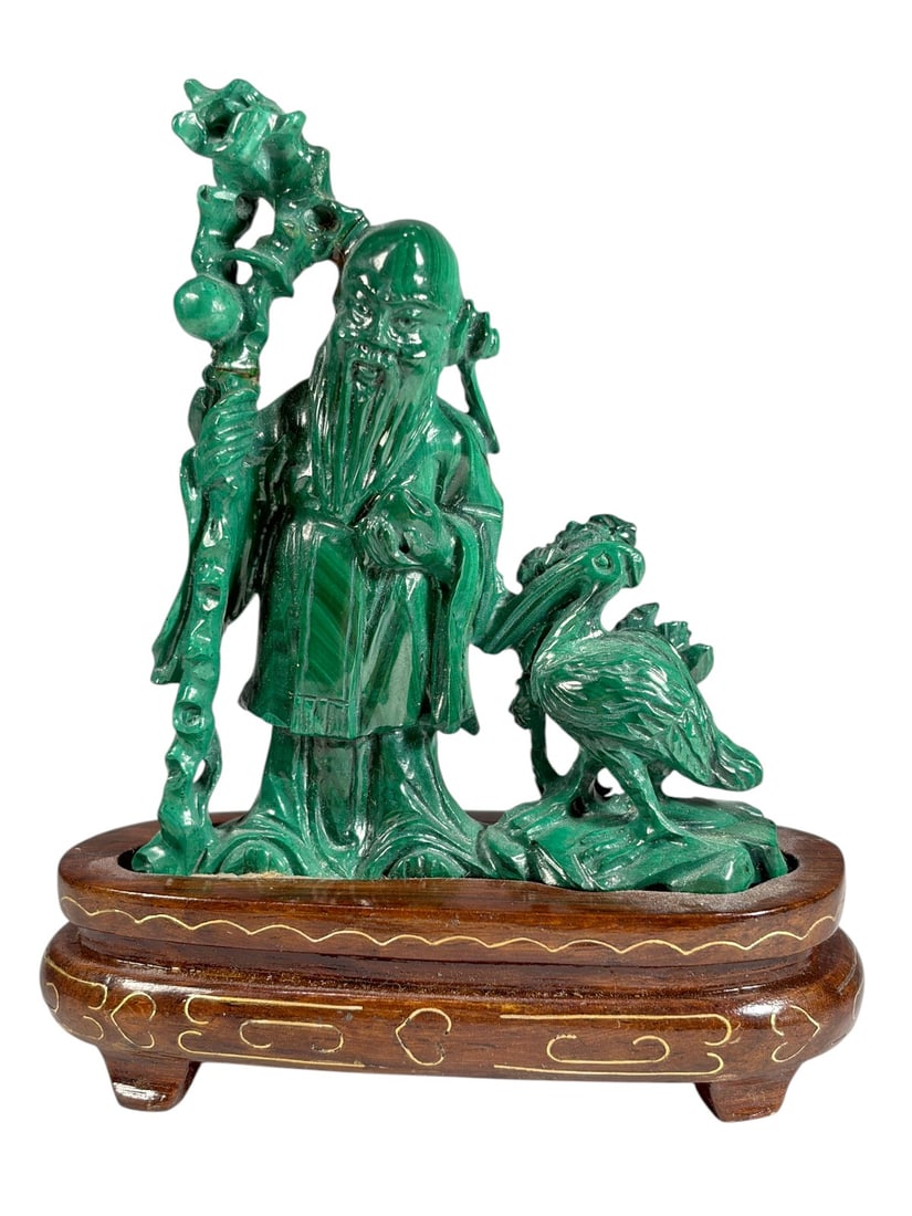 Chinese Malachite Shou Lao Figure on Wood Base (1 of 4)