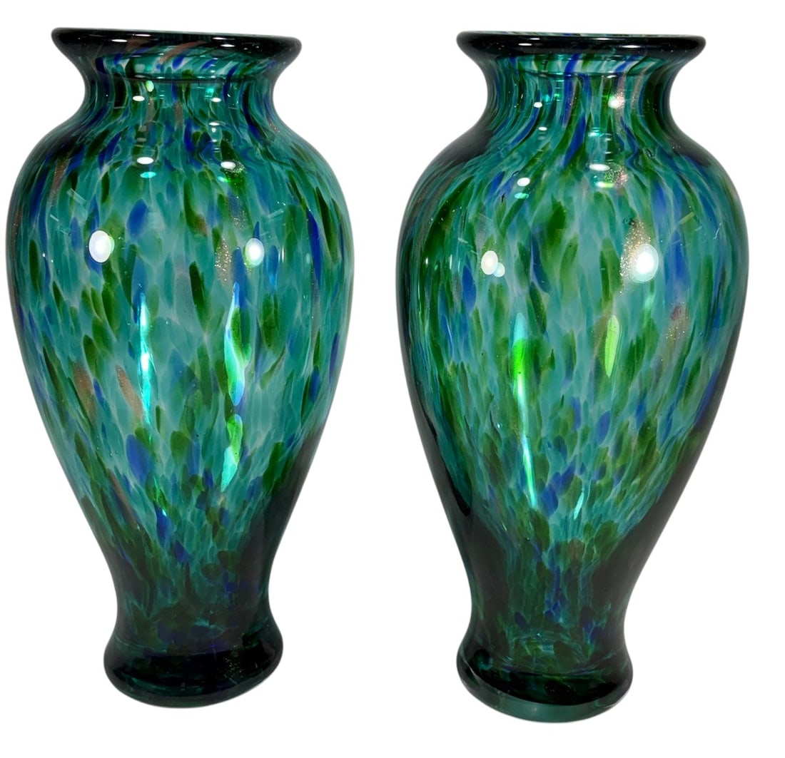Murano Style Art Glass Vases 2pc LOT Blue Green (1 of 5)