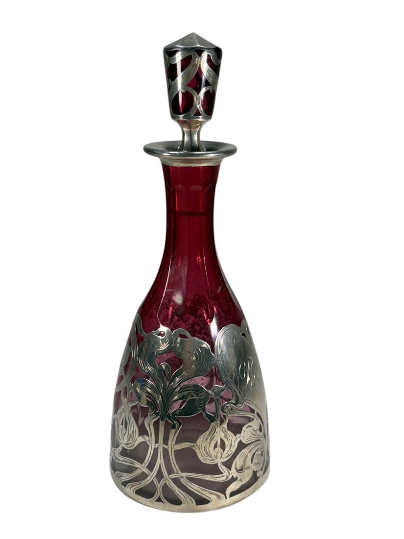 Art Nouveau Silver Overlay Ruby Glass Decanter Bot (1 of 5)