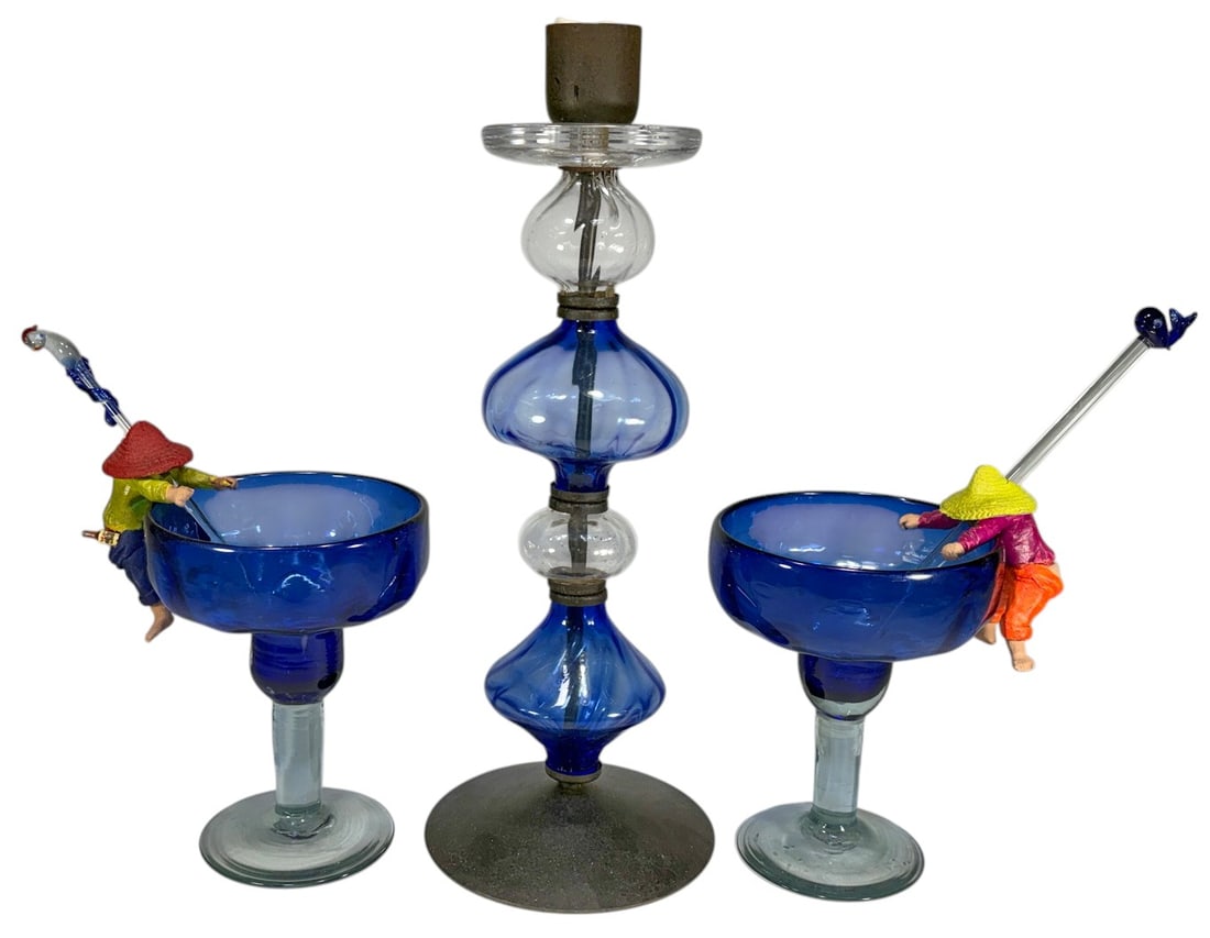 Art Glass Candlestick & Goblets Decorative 3pc LOT (1 of 6)
