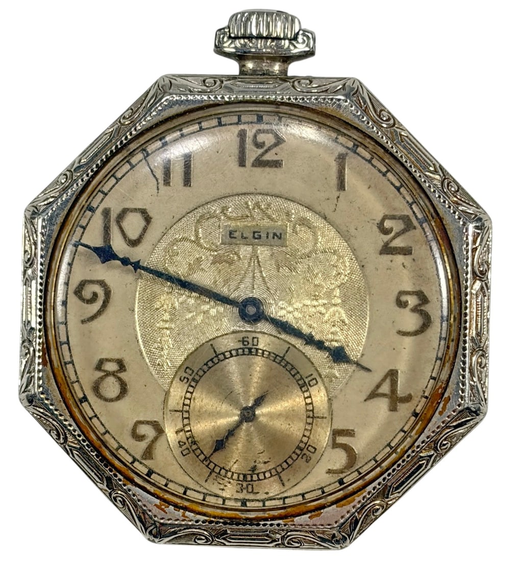 Elgin 14K Gold Filled Pocket Watch Art Deco Case: Vintage Elgin pocket watch housed in a 14K gold-filled Illinois Watch Case Co. Double Stock Art Deco case. Features an octagonal engraved case, Elgin signed dial with Arabic numerals and subsidiary se