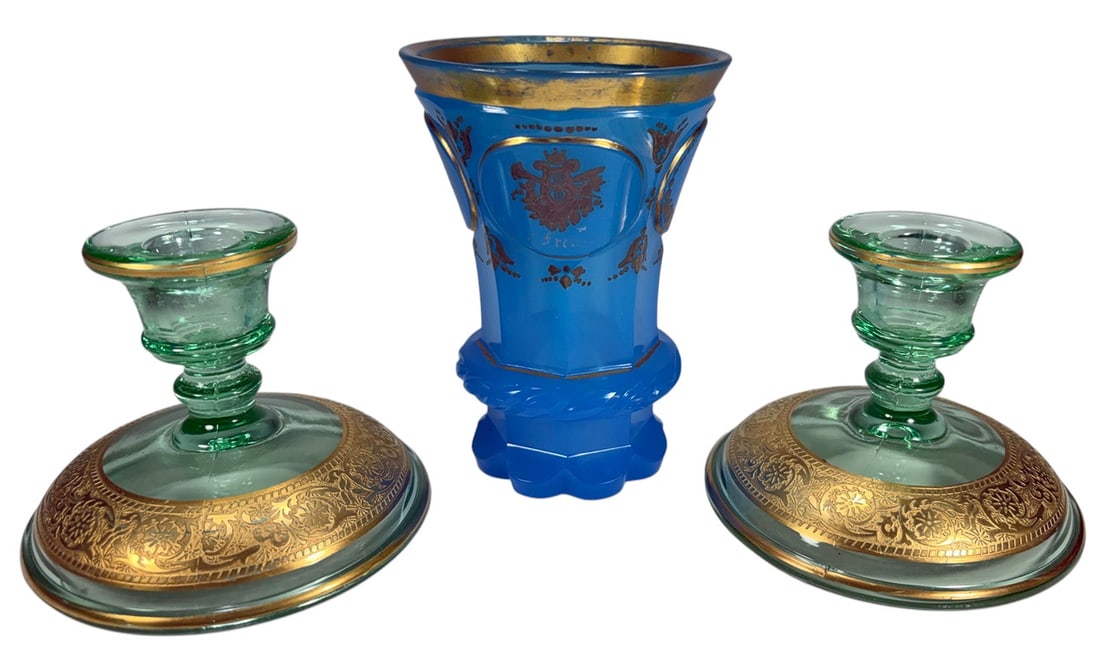 Blue Opaline & Green Glass Candlesticks 3pc LOT (1 of 7)