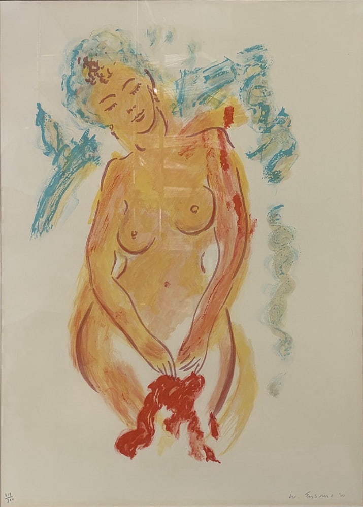 Wayne Ensrud (American, 19342024) Litho: Wayne Ensrud (American, 1934-2024) Flower Dance, 1980. Limited edition lithograph depicting a seated female nude in an expressive composition. Pencil signed lower right and numbered 219/300 lower