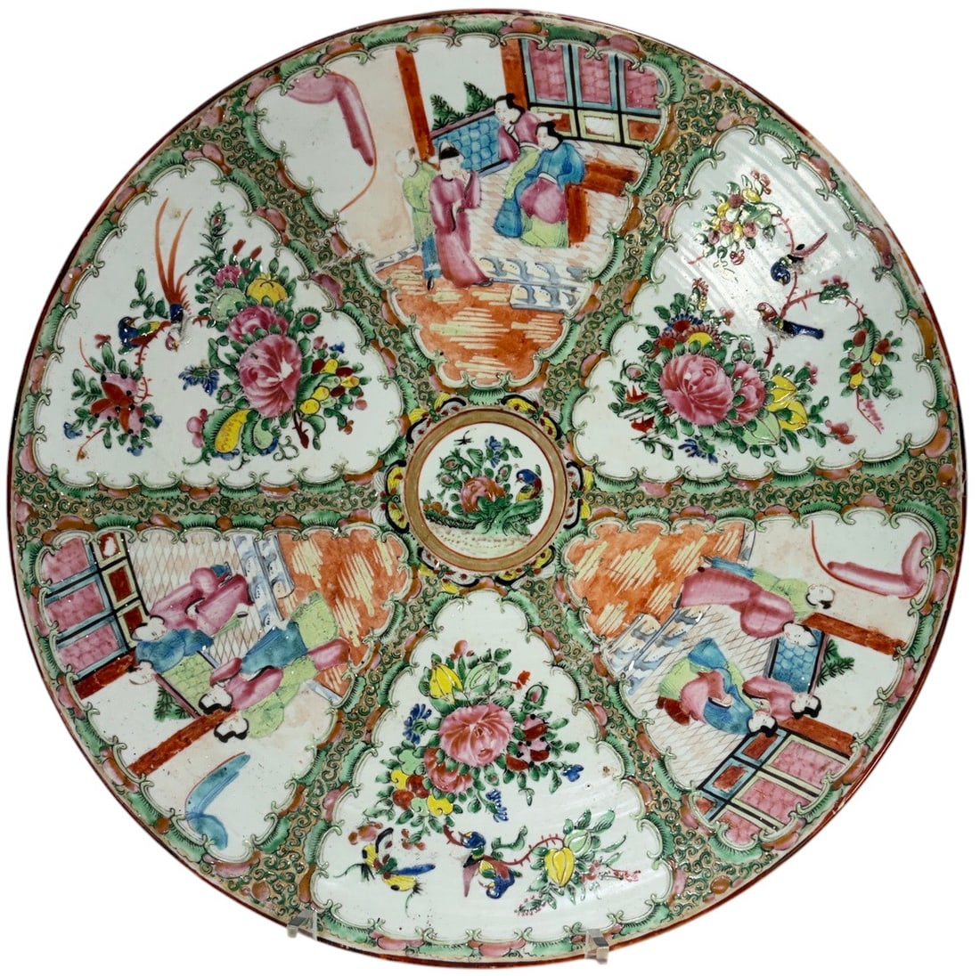 Antique Chinese Rose Canton Charger Late 19th C: Antique Chinese Rose Canton porcelain charger, dating to the late 19th century. Decorated in the traditional famille rose palette with alternating court scenes, floral reserves, and birds. Unmarked