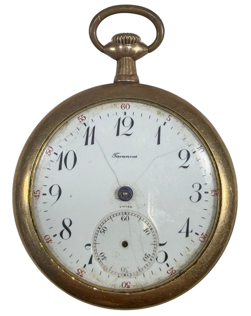 Tavannes Swiss Pocket Watch Open Face: Vintage Tavannes Swiss open-face pocket watch with white enamel dial, Arabic numerals, subsidiary seconds dial, and mechanical movement. Movement marked Tavannes Watch Co., Swiss, 15 Jewels, 3