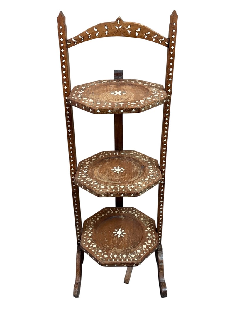 Indian Inlaid Wood Three-Tier Display Stand Rack (1 of 7)
