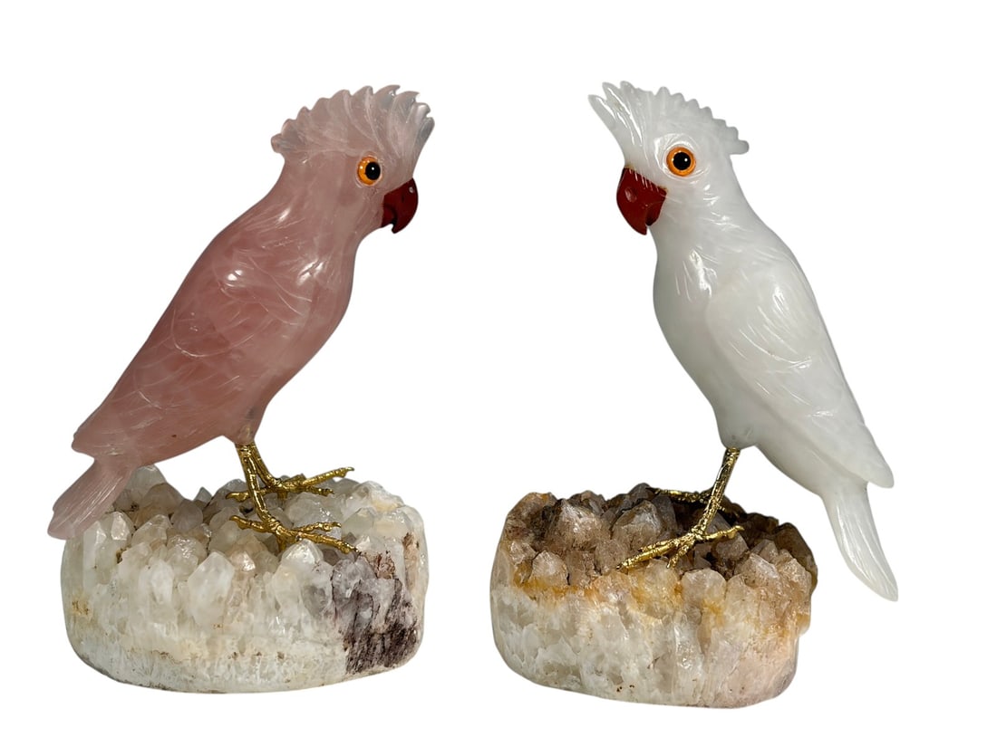 Carved Stone Cockatoos on Quartz Bases 2pc LOT (1 of 5)