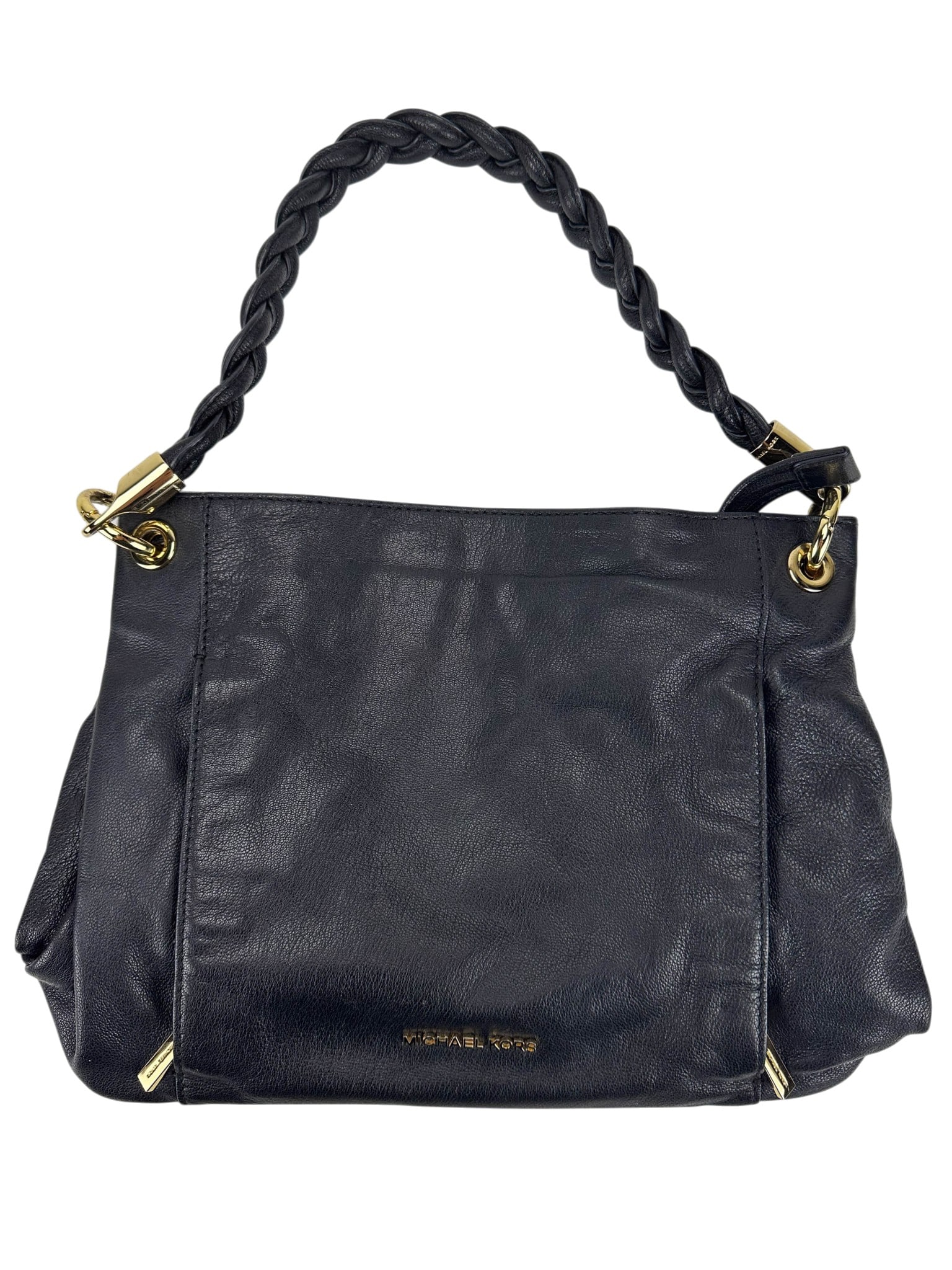 Michael Kors Leather Braided Handle Shoulder Bag: Michael Kors black leather shoulder handbag purse bag featuring a braided leather top handle with gold tone hardware, dual exterior side zip pockets, open top with magnetic snap closure, and gold tone