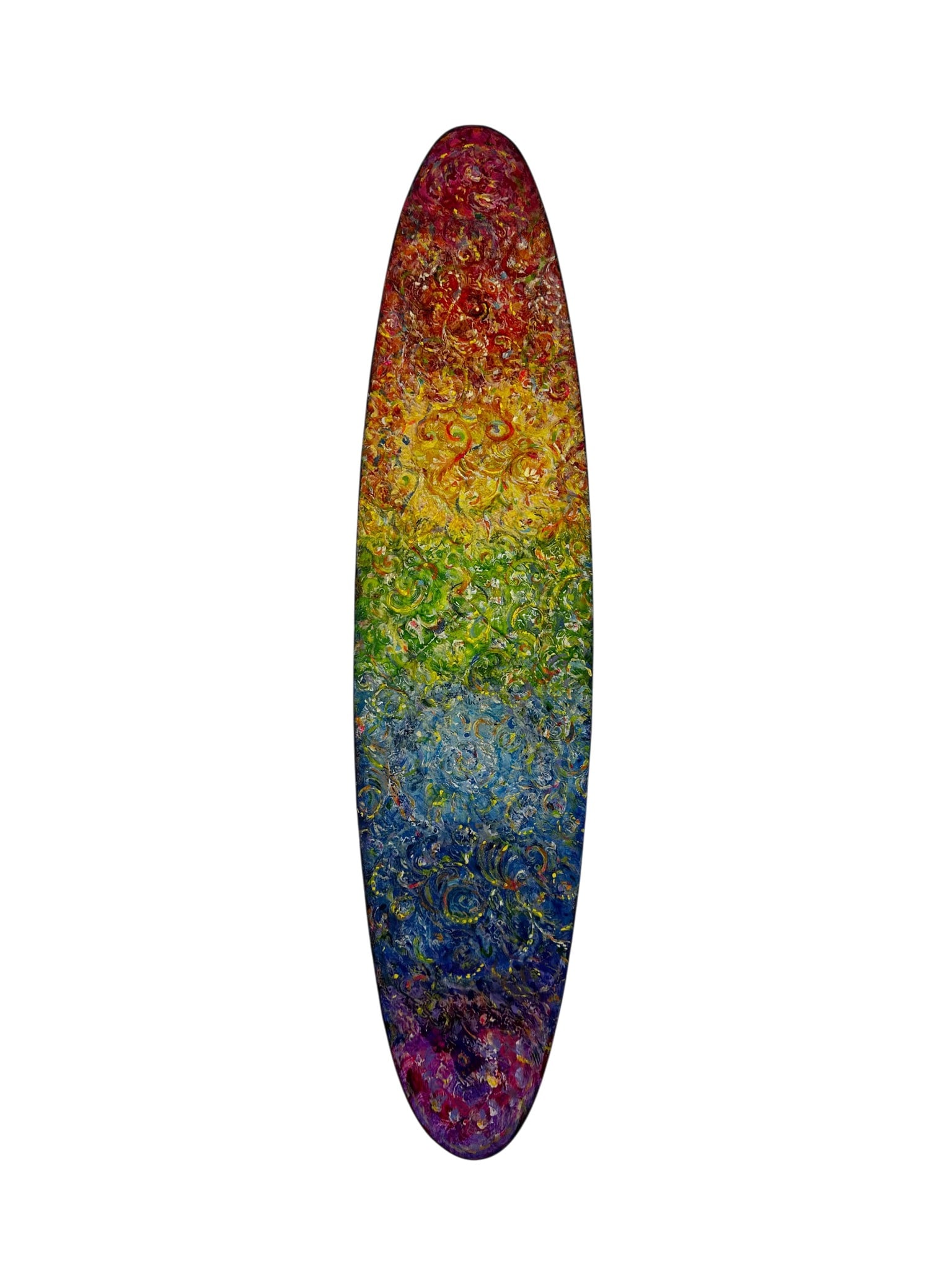 Abstract Painted Wood Panel Wall Sculpture SIGNED: Abstract hand painted wall mount wooden panel sculpture. Features a long, narrow form with heavily textured polychrome decoration in vivid hues transitioning from red and yellow to green, blue and pur