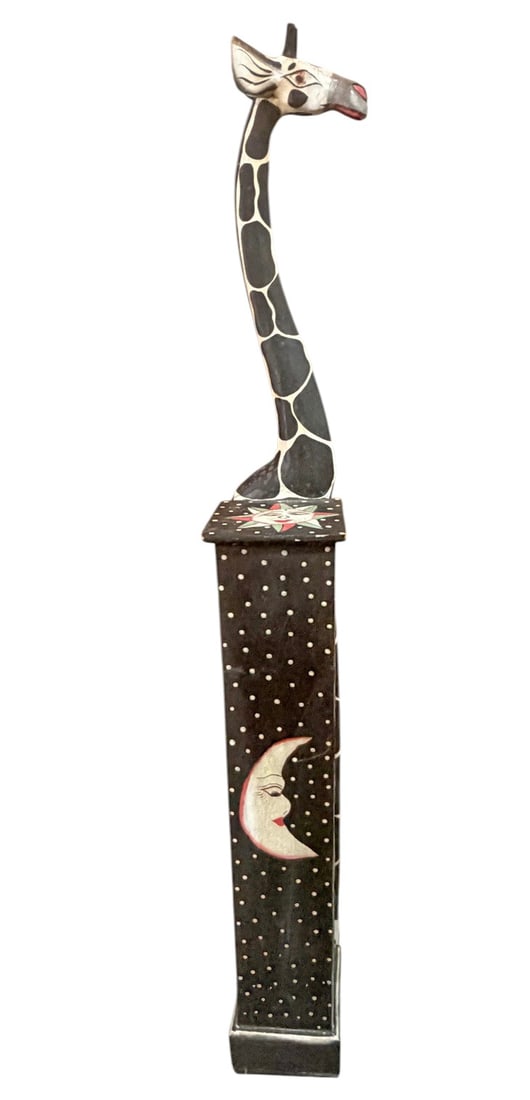 Hand Painted Giraffe CD Cabinet Floor Stand: Hand-painted wood floor cabinet featuring a carved giraffe with painted sun and moon motifs. Interior fitted with multiple shelves for CD storage. Decorative folk art style piece Dimensions: 60 X 10 X