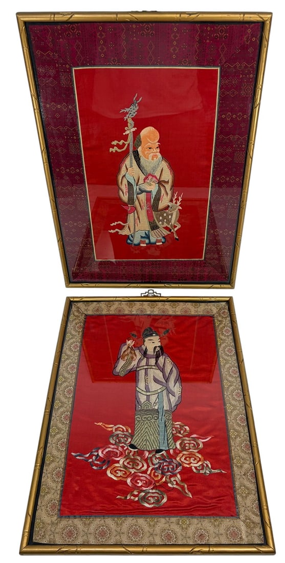Oriental Silk Embroideries Framed 2pc LOT (1 of 6)