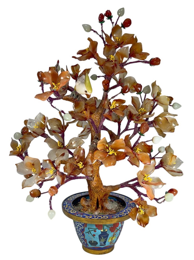 Chinese Hardstone Tree Cloisonne Planter Decor Art (1 of 7)